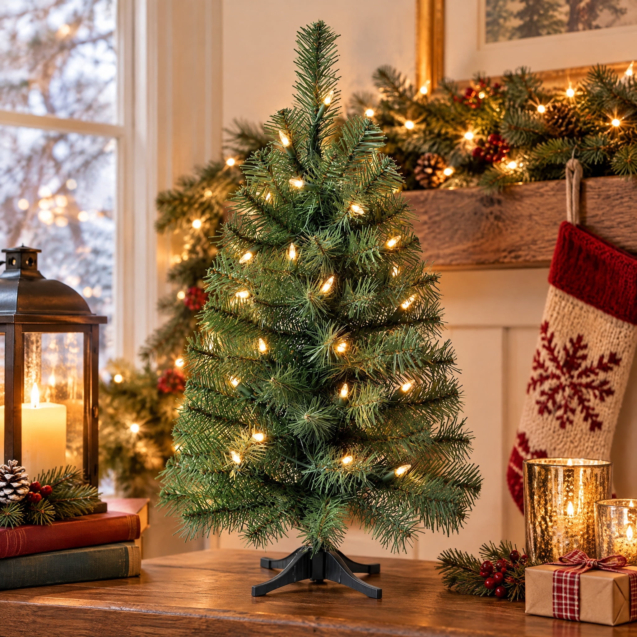 2' Small Pre-Lit Noble Spruce Green Artificial Christmas Tree with 35 Warm White LED Lights and Stand, by Holiday Time