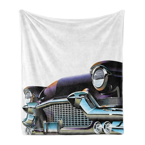 Cars Soft Flannel Fleece Throw Blanket, Old Fashioned Automobile Old Timer Antique American Collector's Vehicle, Cozy Plush for Indoor and Outdoor Use, 50" x 60", Black Pale Blue Orange, by Ambesonne