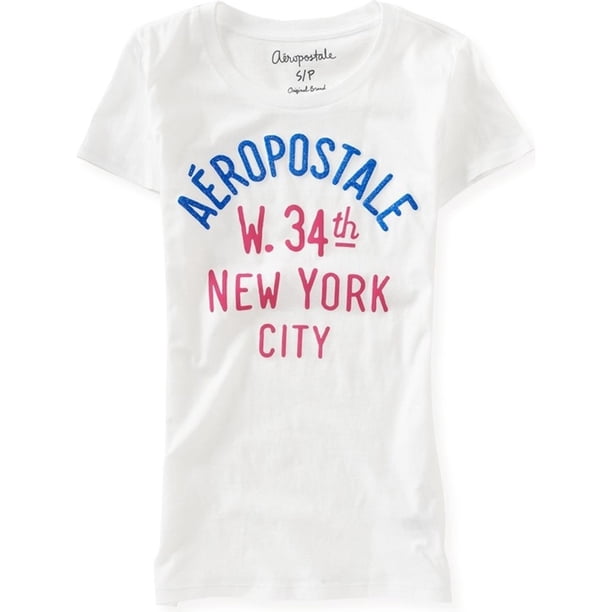 Aeropostale Puff Glitter W 34th Camiseta gráfica para mujer, blanca, pequeña Aeropostale Camiseta gráfica
