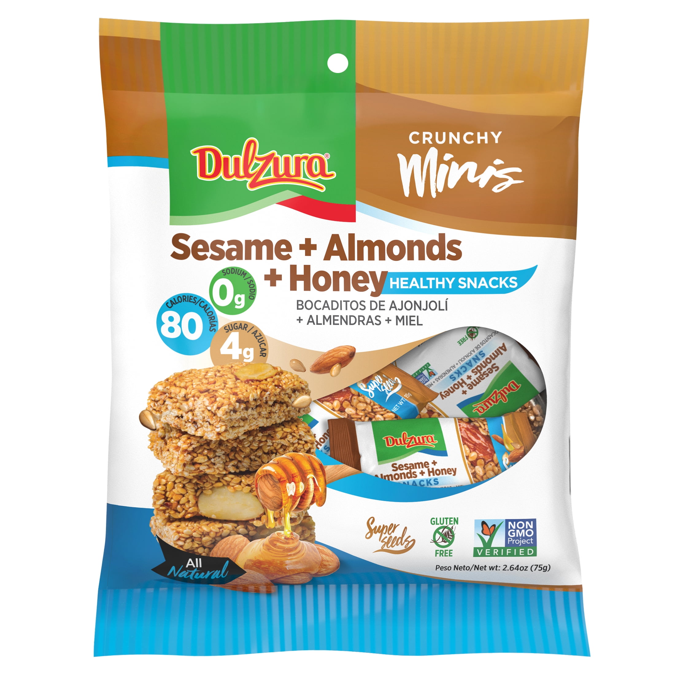 (7 pack) Dulzura Sesame Honey Almonds 2.64oz, Snack Breakfast Bar, with a crunchy texture