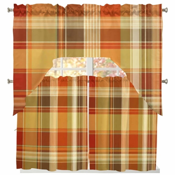 Green Orange Plaid Swag Kitchen Curtains Sets for Windows 24 Inch Length, Fall Check Grids Modern Striped Short Window Curtain Panels Swags Valances and Tiers 3 Piece Set for Cafe/Dining Room