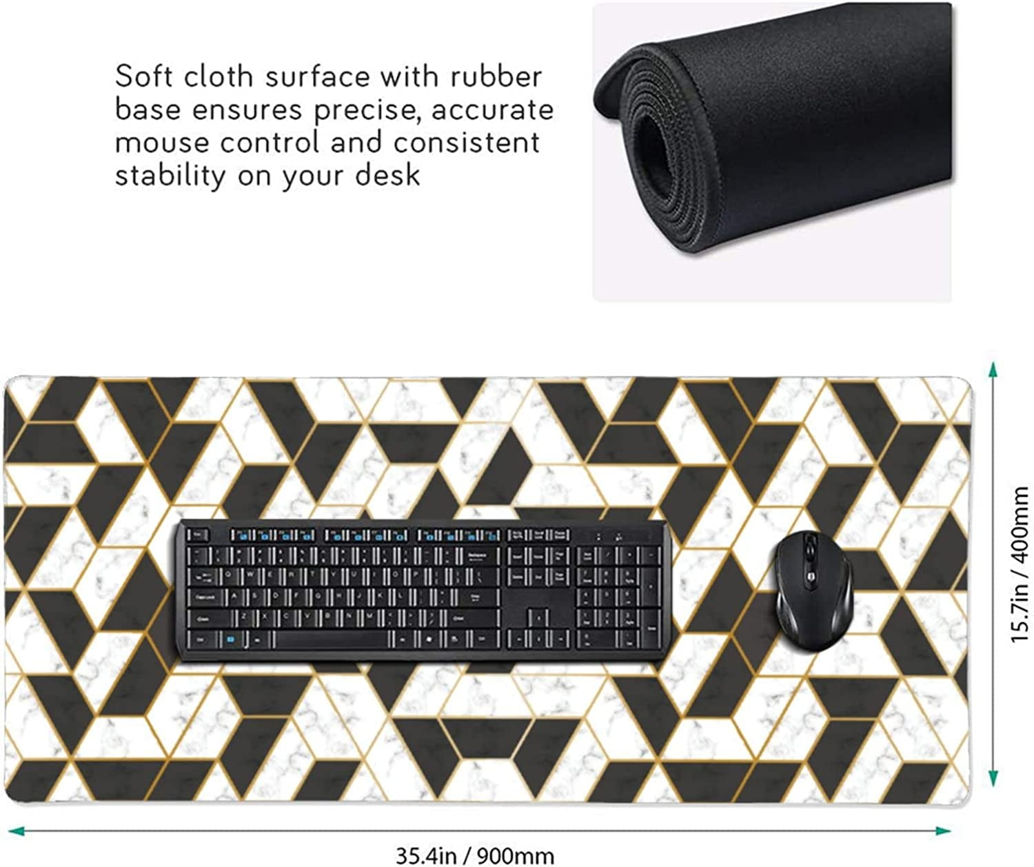 Extended Mouse Pad, Cubes Marble Gaming Mouse Pad, Large Big Mouse Pad Keyboard Mat Desk Pad with Non-Slip Base and Stitched Edge for Work, Game, Office - 35.5" x 16"