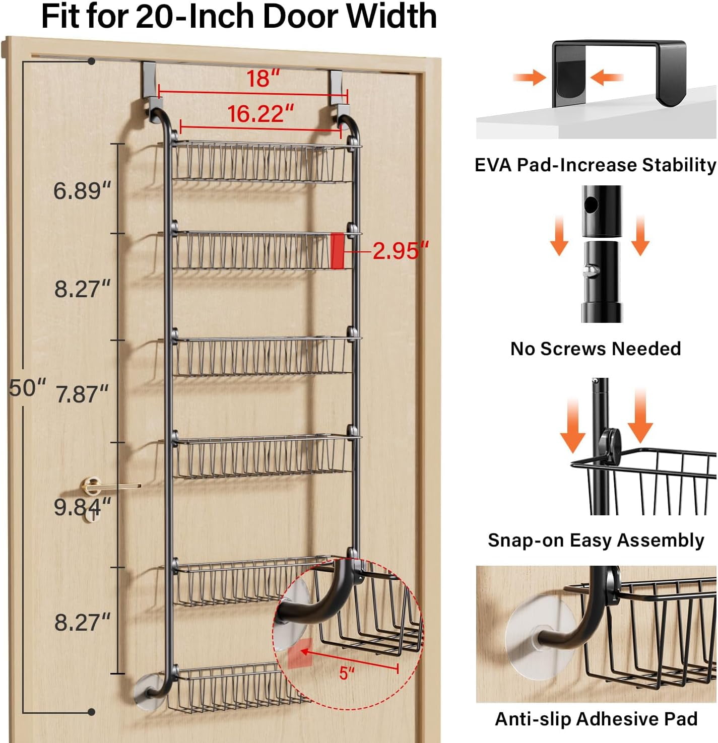 6-Tier Over the Door Pantry Organizer, Metal Pantry Organizers and Storage, Spice Rack Pantry Door Organizer for Easy Install, D5 x W18 x H50 inch - Black