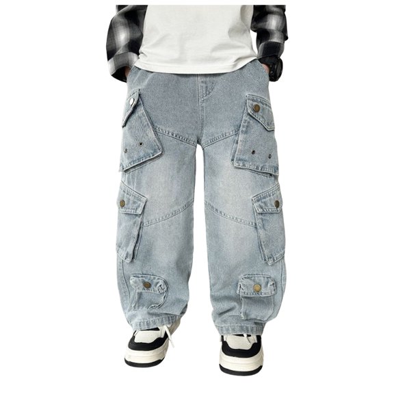 OJSFQUFP Boys Jeans Handsome Kid Loose Pants Large Kid Workwear Casual Fashion Pants Kids Pants Stretch