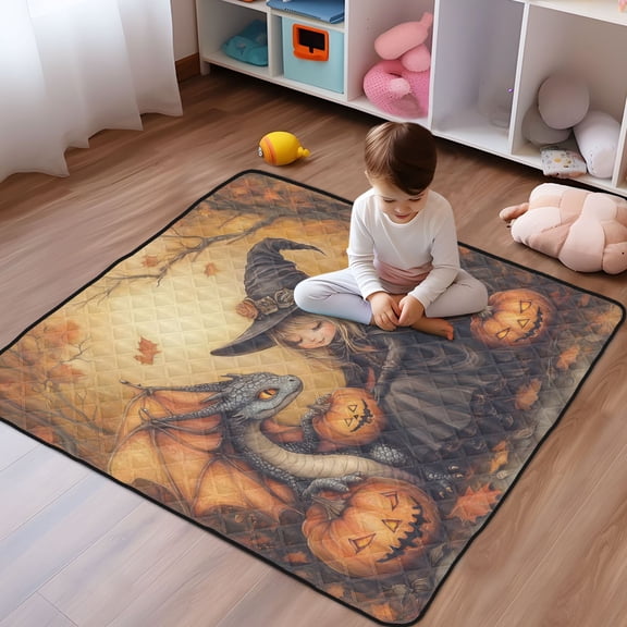 WOBOGO Little Witch and Her Dragon Baby Playmats Extra Large Waterproof Rollable Activity Pads for Toddlers 50×50inch