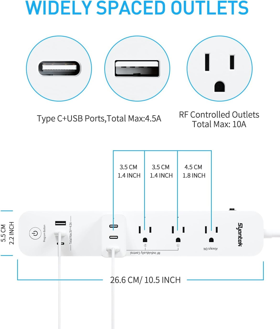 Syantek Remote Control Power Strip with 3 RF Outlets, 3 USB Ports, 5ft Cord, 15A/1875W Surge Protector for Household Appliances