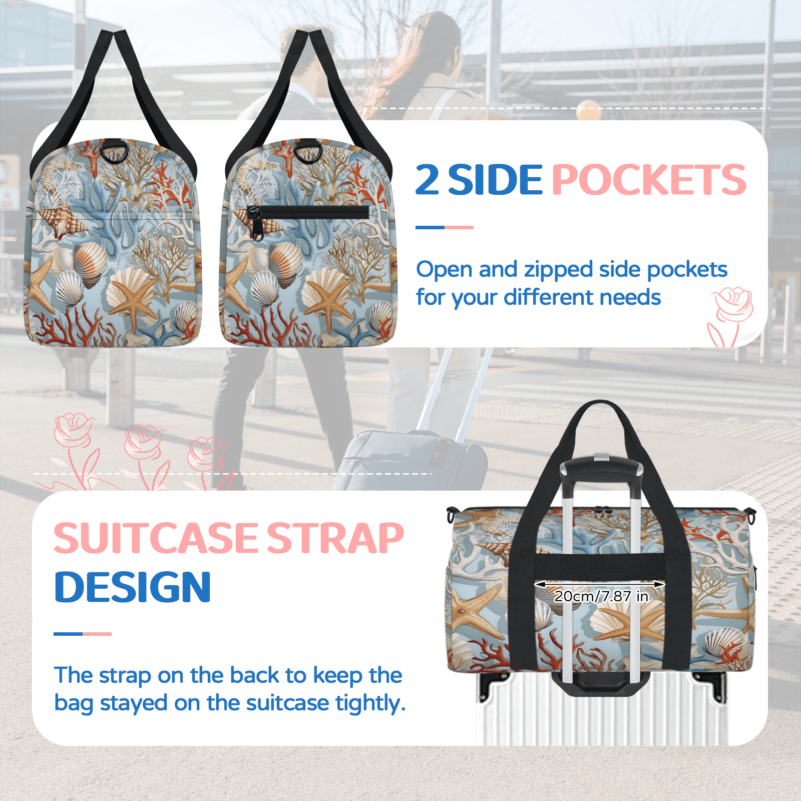Herdesigns Nautical Coastal Gym Bag for Women, Duffle Bag for Travel Sport, Lightweight Waterproof Carry on Weekender Overnight Dance Yoga Workout Bags