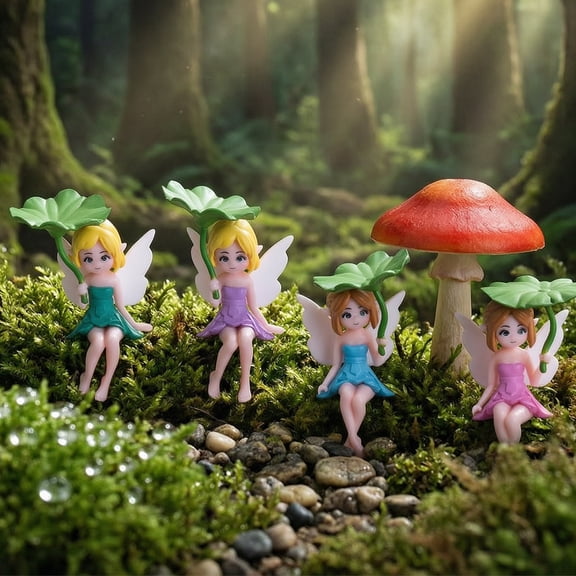 Hugtrea 4 Pcs Miniature Fairy Figurines, Tiny Winged Elf Lotus Leaf Statue for DIY Fairy Garden, Flower Pot, Bonsai, Micro Landscapes, Craft Decoration