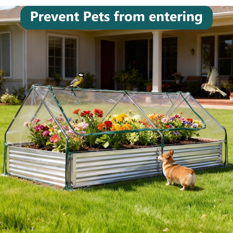 Gianna 8x4x1ft Galvanized Raised Garden Bed with Cover, Planter Box Outdoor for Deep-Rooted Herbs/Flowers/Vegetables, Large Metal Garden Bed Mini Greenhouse for Patio and Backyard