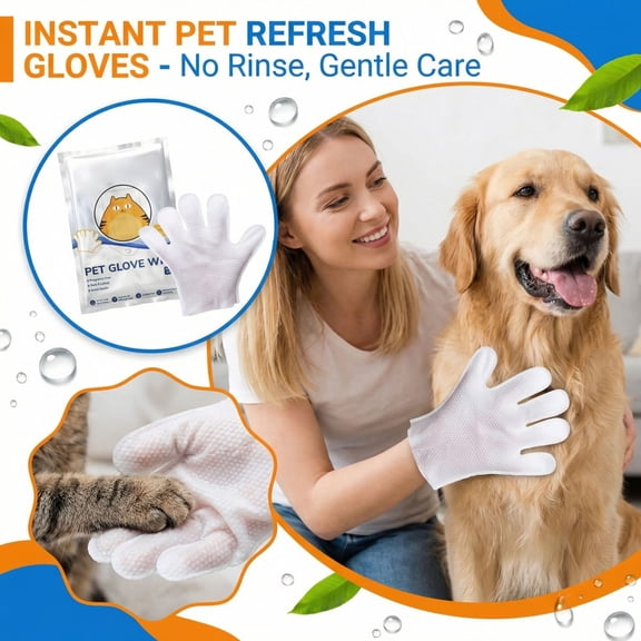 Disposable Pet Cleaning Gloves And Wipes, Waterless Bathing, Deodorizing And Massaging - Soft Non-Woven Gloves, Daily Care And Travel Essentials, 8*6 Inches, 6-Pack.