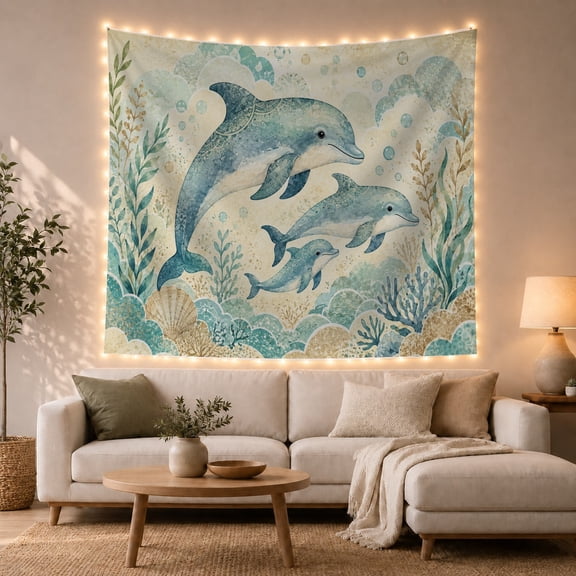 Dolphins Swimming Above Blue Coral Reefs, Playful Coastal Style for Ocean Lovers, Marine Wall Art, Housewarming Gift, Tapestry Wall Hanging for Bedroom and Living Room