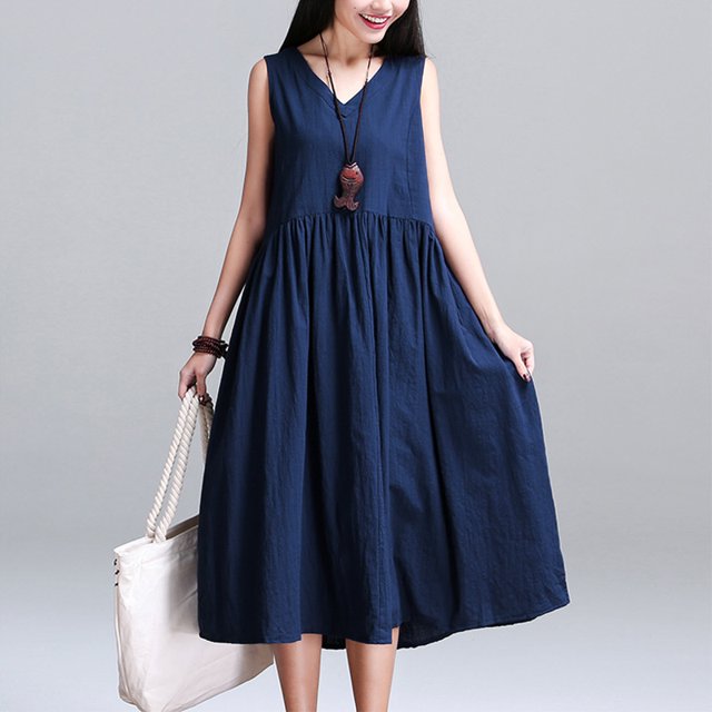 Nuevas mujeres Vintage Lino de algodón V Cuello sin mangas Vestido suelto Ruedo Cinta Relajada Abanopi Vestido