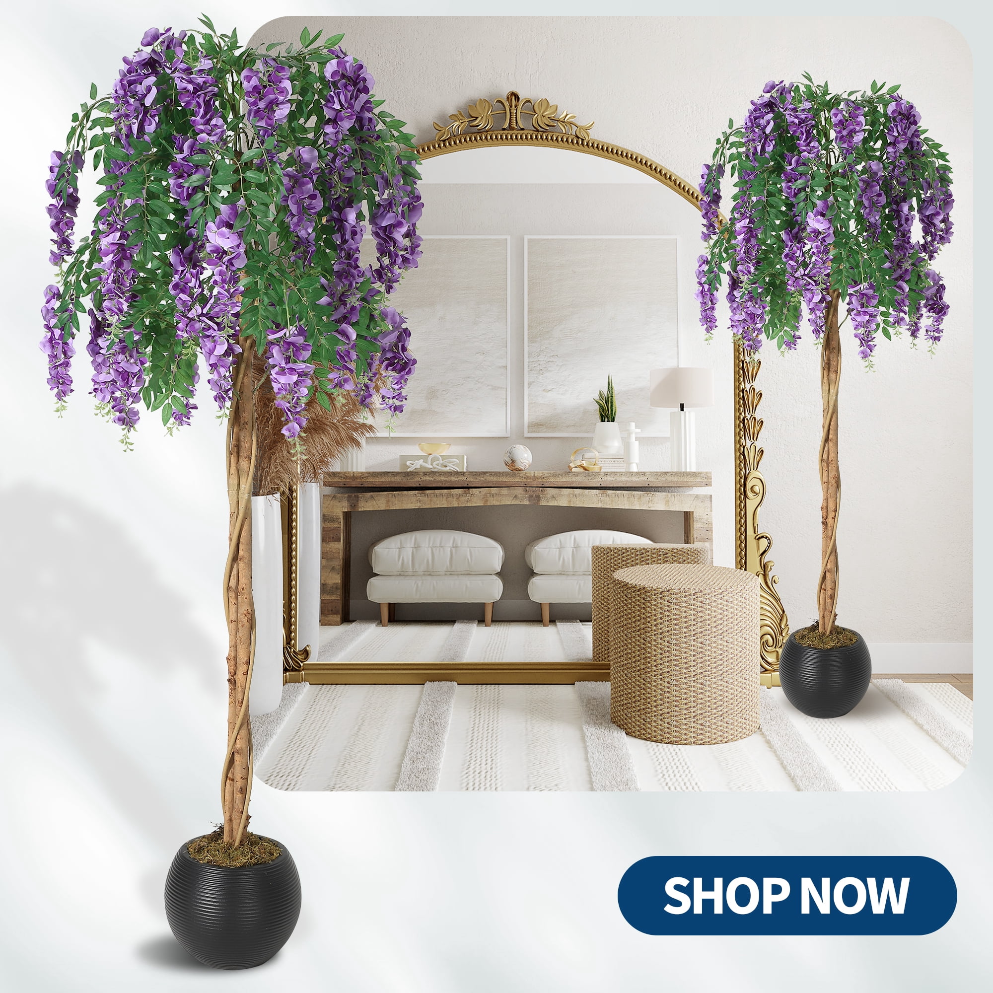 PYY Lifelike Silk Purple Bean Flower Tree – Realistic Double Vine Stems, Hanging Moss, Decorative Faux Plant in Cement Pot for Home, Office, Wedding, or Photo Backdrop, Indoor Decor, 6FT