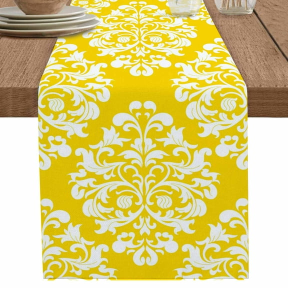 Abstract Boho Gold and White Floral Table Runner-70 Inch Long Vintage Aesthetic Table Runners Linen Burlap Tablerunner for Kitchen Dining Room Holiday Party