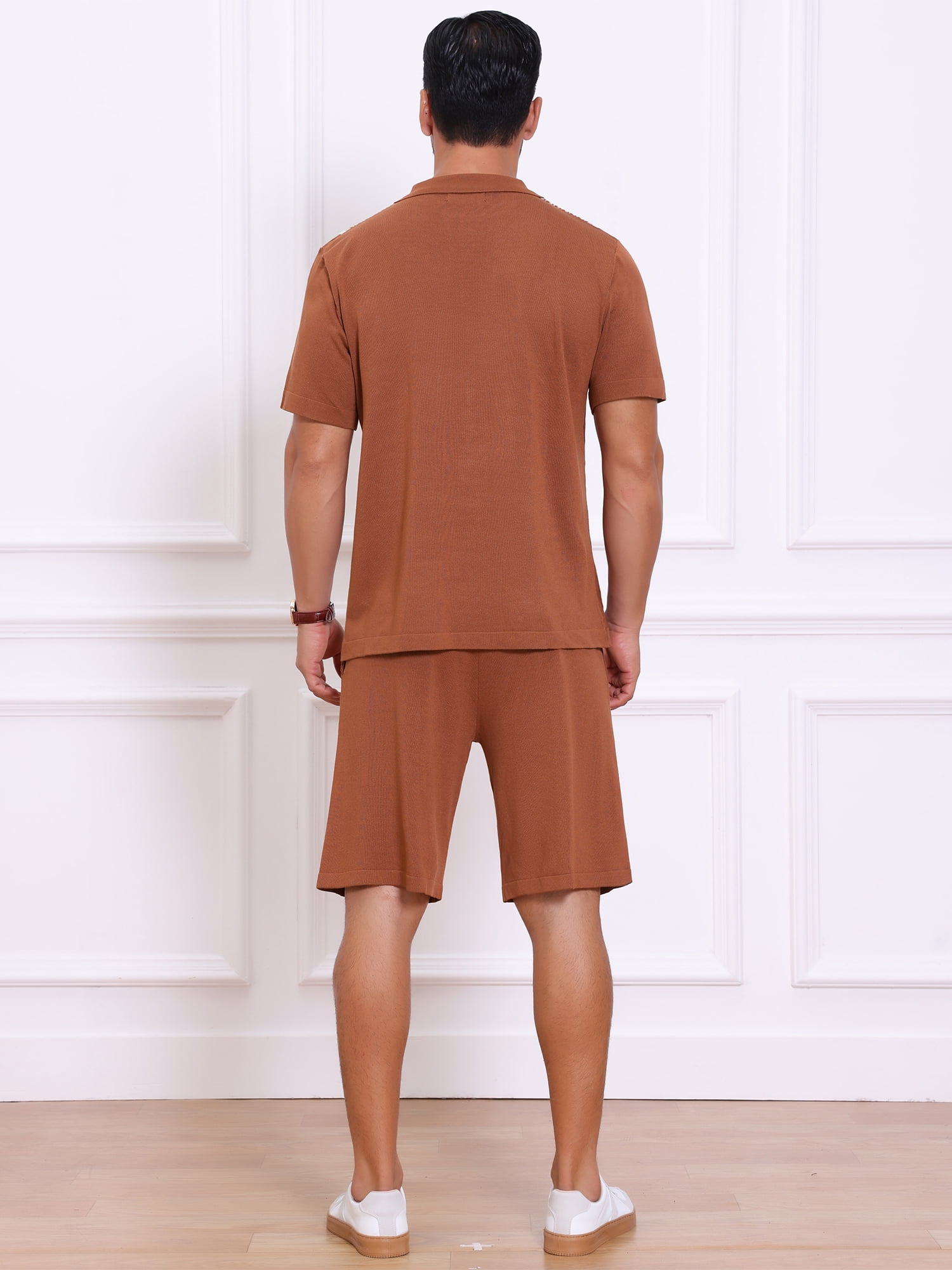DARING DIVA Men's 2 Pieces Sets Summer Polo Shirt & Shorts Printed Knit Outfits L Brown