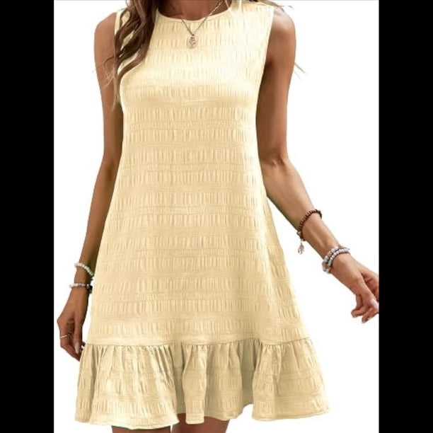 Vestido Corto Informal de Verano con Cuello Redondo y Volantes para Mujer, Sin Mangas y con Dobladillo Fruncido. Albaricoque M