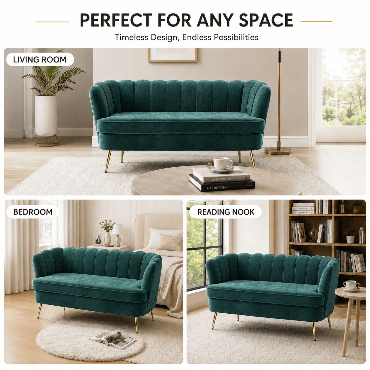 MOONMISS Chenille 2-Seater Loveseat with Gold Legs,Scallop-Tufted Curved-Back Sofa for the Living Room or Bedroom,Emerald