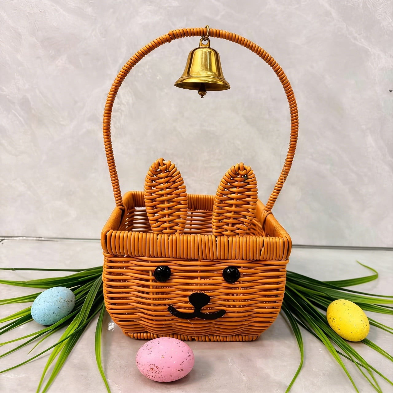 Kbndieu Easter Basket with Handles, Imitation Rattan Bunny Easter Baskets with Cute Rabbit Ears, Easter Egg Hunt Bucket for Picnic Wedding Easter Decorations Gifts