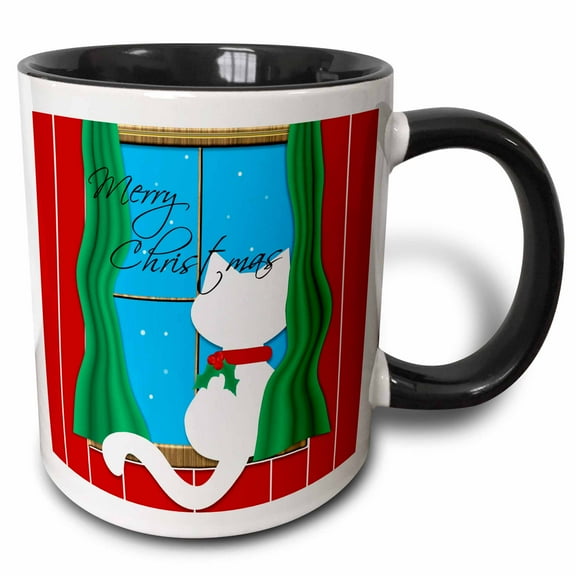 3drose, Merry Christmas - Cute White Cat in Snowy Window, 11oz Two-tone Black Mug