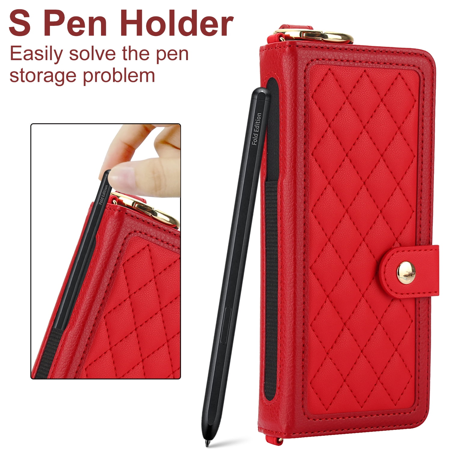 REQO Flip Phone Case for Samsung Galaxy Z Fold 6,Multifunctional Leather Wallet Cover with Wrist Strap Long Shoulder Strap RFID Blocking Case,Red