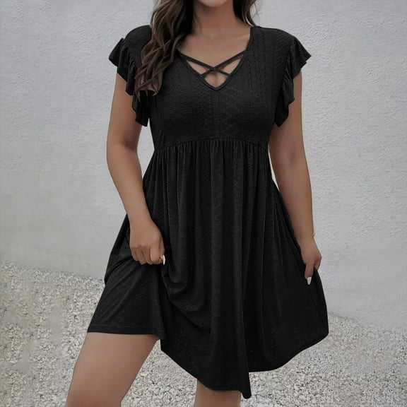 ITSAME Women's Smocked Plus Size Dress, Flutter Sleeve Solid Color X-Strap V Neck Summer Casual Flare Dresses Black 5XL