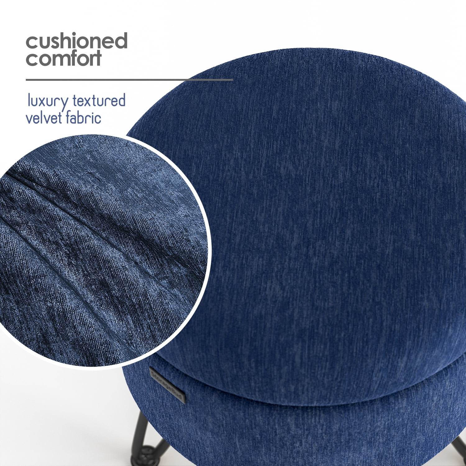 Hearth & Harbor Round Ottoman with Storage, Luxurious Foot Stool and Chic Vanity Stool with Storage, Elegant Textured Velvet Blue