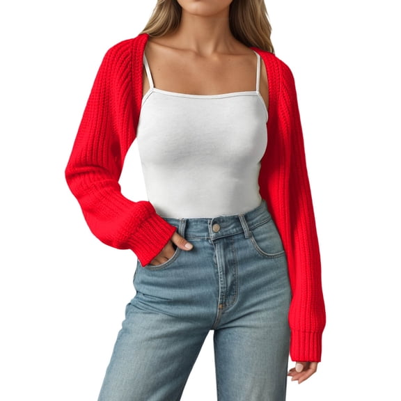 Wang6 Women Cropped Cardigans Sweaters Trendy Long Sleeve Wool Blend Bolero Shrug Fall Outwear Without Tube Top Red XL