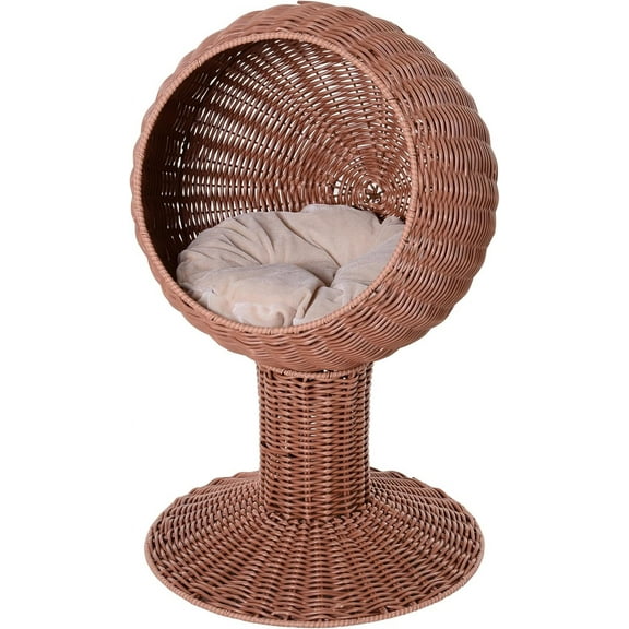 LILEYI Elevated Cat Bed with Rotatable Egg Chair Pod, Cat Basket Bed with Thick Cushion,Comfortable and fashionable, it makes the kitten feel very secure Natural Mat Grass Woven Kitty House,Brown
