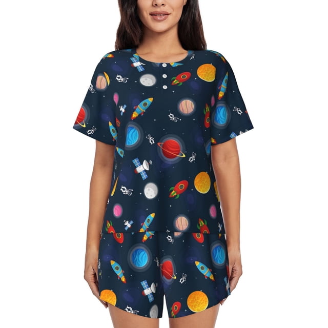 Balery Space Cartoon Conjunto de Pijama para Mujer con Estampado, Dos Piezas de Manga Corta y Shorts, Ropa de Dormir Suave con Cuello Redondo y Bolsillos-XX-Large