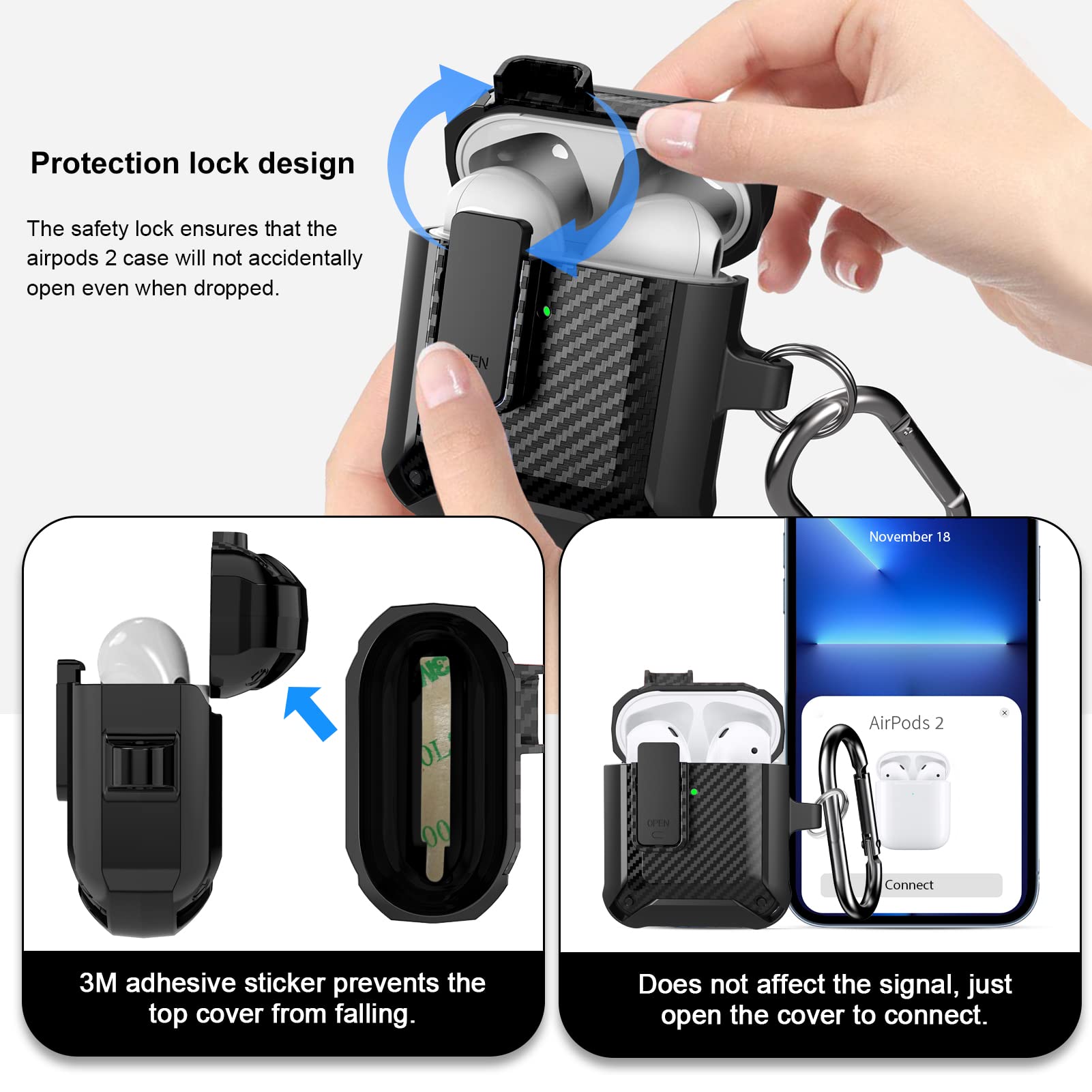 [5 in 1] Case for Airpods 2/1 with Lock, Carbon Fiber Secure Lock Clip  PC+TPU Shockproof Protective AirPods Cover Case for Women for AirPod 1st  and