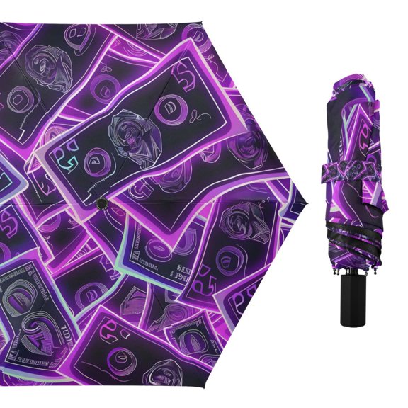 Compact Sun Umbrella Windproof Travel Umbrellas for Rain Strong Portable UV Protection Neon Dollar Bills