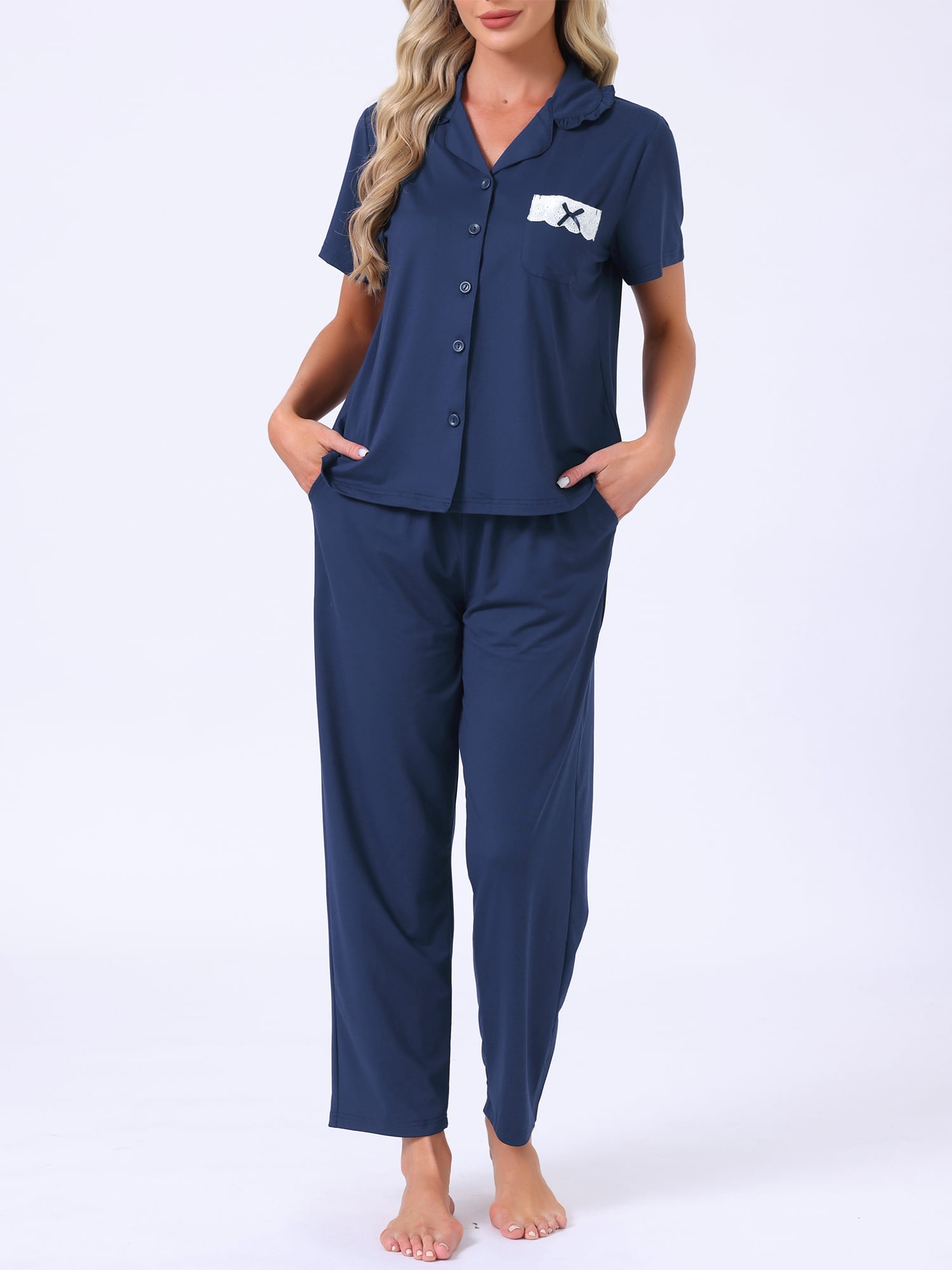DARING DIVA Women's Pajama Sets Button Down Ruffle Collar Short Sleeve Shirt XL Blue