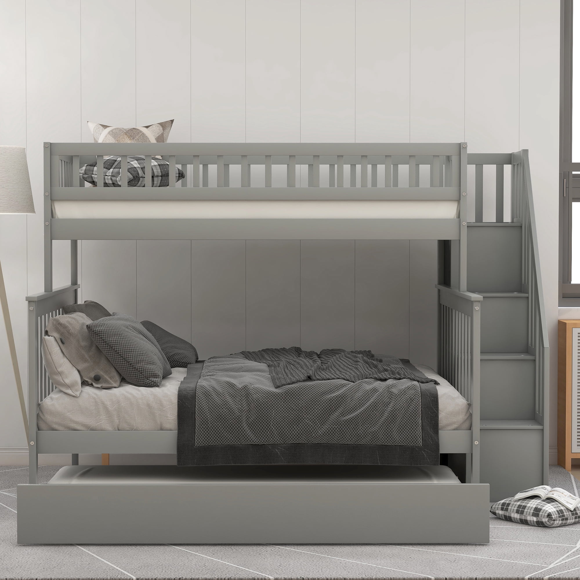 EUROCO Twin over Full Bunk Bed with Twin Trundle Bed and Storage Shelves for Kids, Three Beds with Storage for Kids Teens Adults, Gray