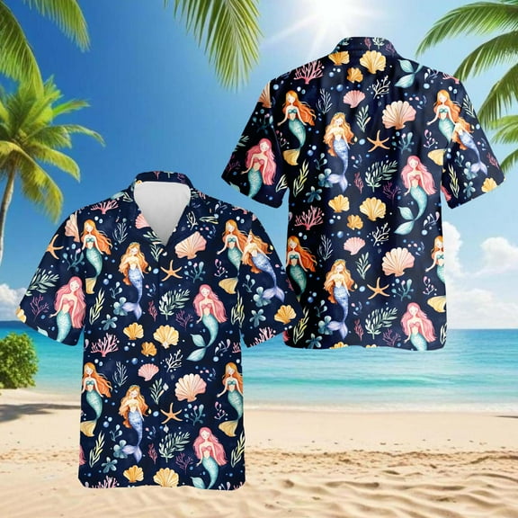 Cute Mermaid Hawaiian Shirt for Men, Button Down Summer Beach Short Sleeve, Fantasy Style, S-5XL