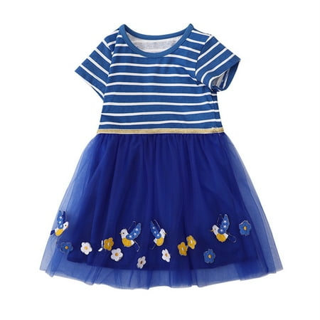 

Pedort Summer Dress Toddler Girls Princess Cartoon Twirl Dress Ruffle Bottom Summer Flutter Sleeves Clothes Blue 7 Years