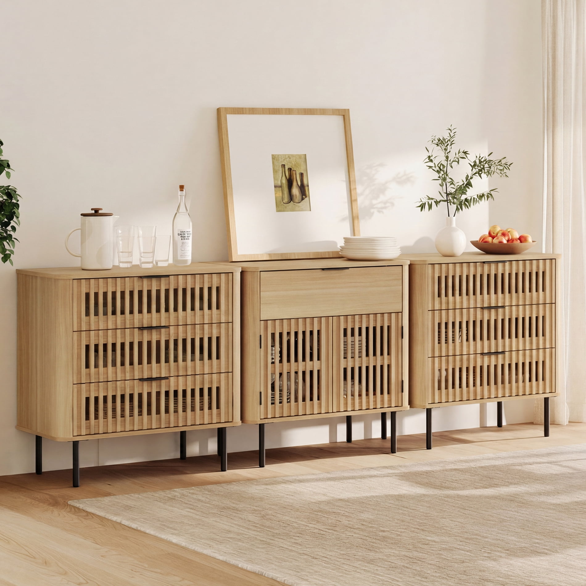 94.5" W Large TV Stand for 85 Inch TV, Wood Entertainment Center with Cabinets and Drawers, Mid-Century Modern Media Console for Living Room, Oak