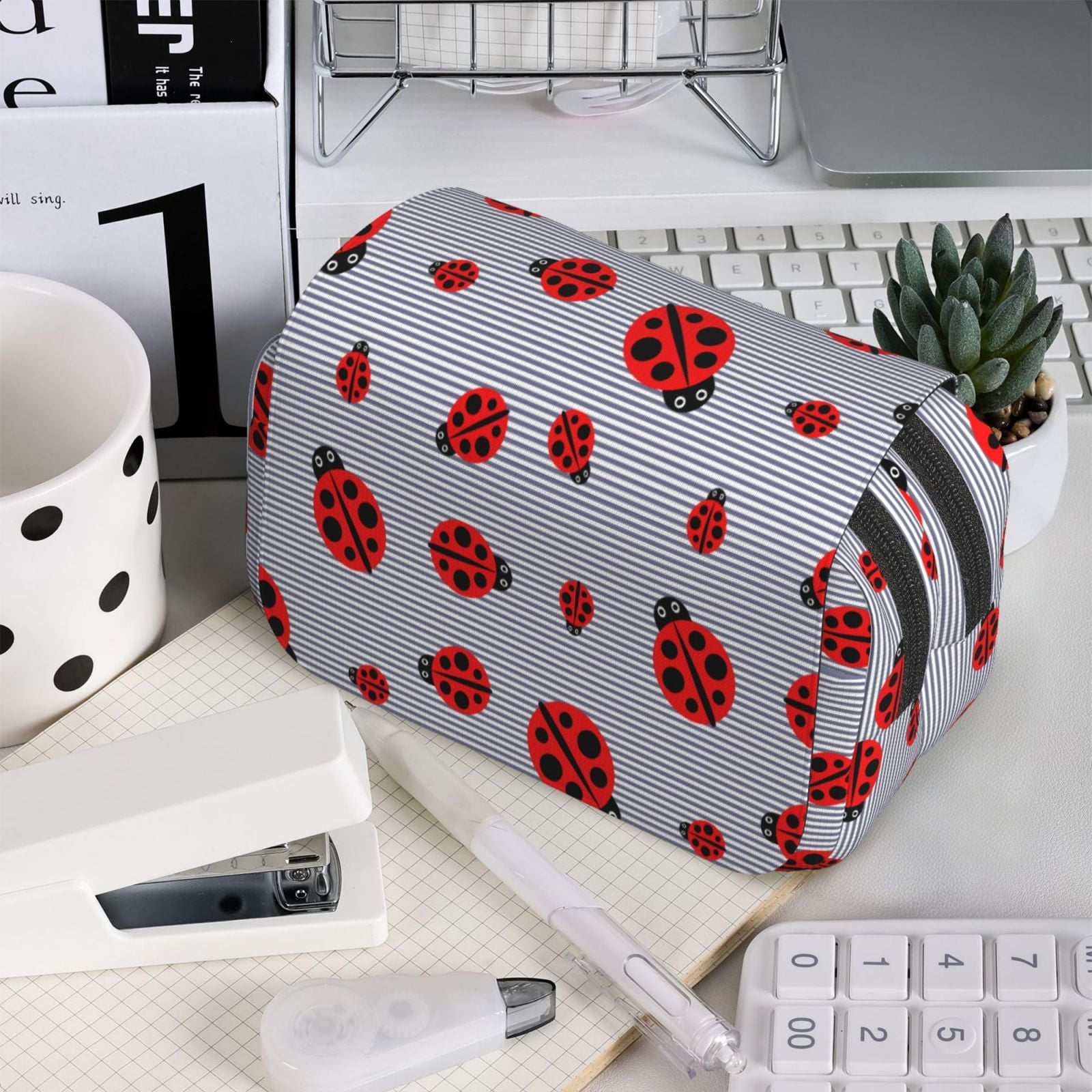 Rateoe Ladybug Pattern Double Clamshell Pen Case, Storage Organizer with Two Zipper Compartments– Holds Up to 50 Pencils & Pens