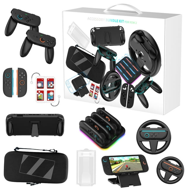 Game Accessories Kit for Nintendo Switch 2 - Carry Storage Case With Hand Grip, Steering Wheel, Charging Dock & Stand
