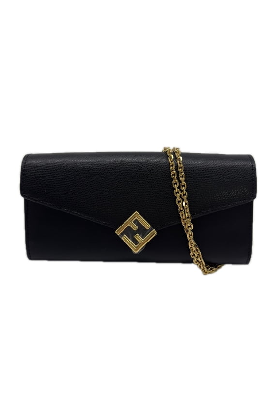 Pre-Owned FENDI FF Diamond Chain Wallet 8M0365 Shoulder Bag Black Gold Leather Women's