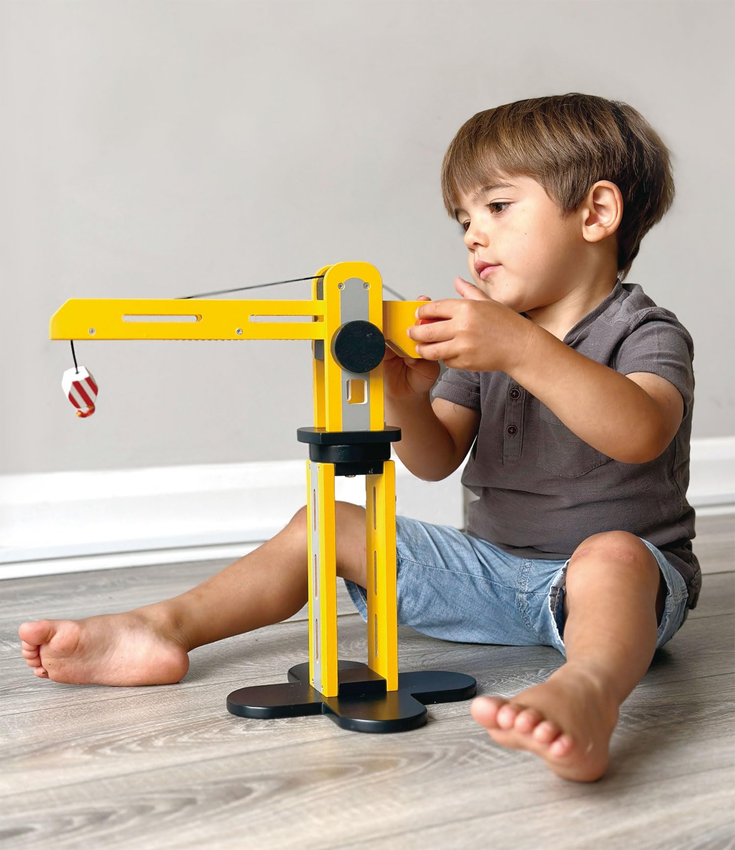 Mentari Toys - Big Yellow Crane - Wooden Large Crane with Lifting Arm with Front Loader and Road Roller - Imagination and Storytelling - Age 3+