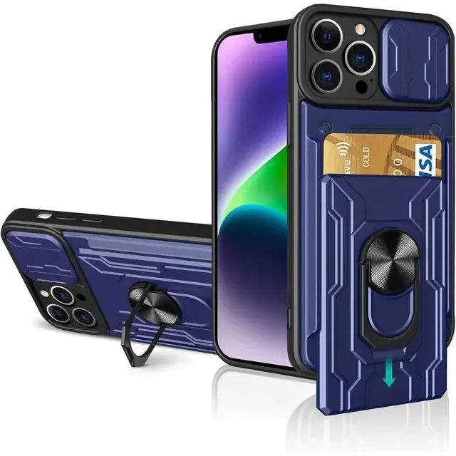 Case For iPhone 15 14 Pro Max 13 12 Pro Max XR X 8 7 Plus SE Slide Stand Ring Camera Military Grade Card Slot Cover Blue iPhone 13