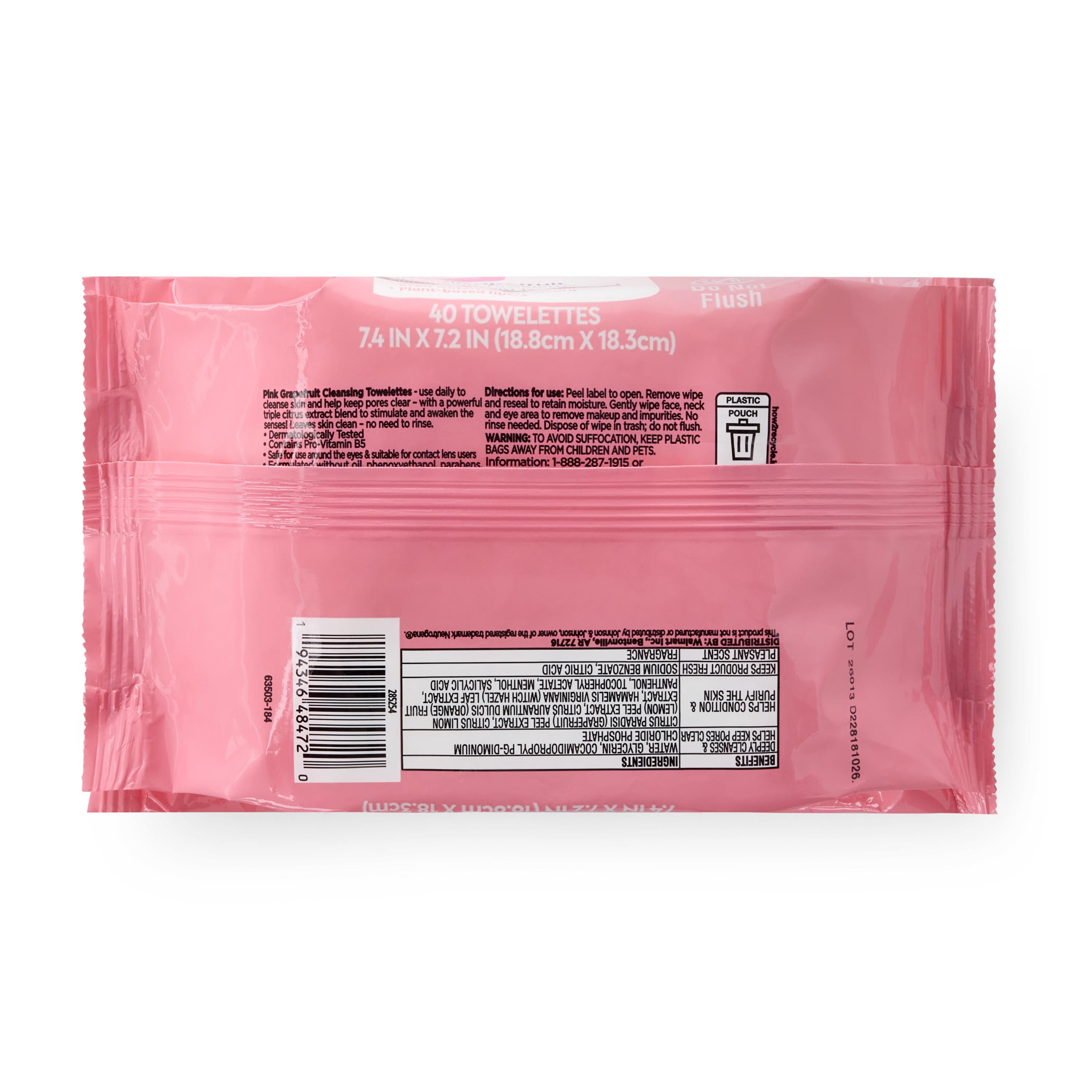 (6 pack) Equate Pink Grapefruit Cleansing Towelettes, 40 Count