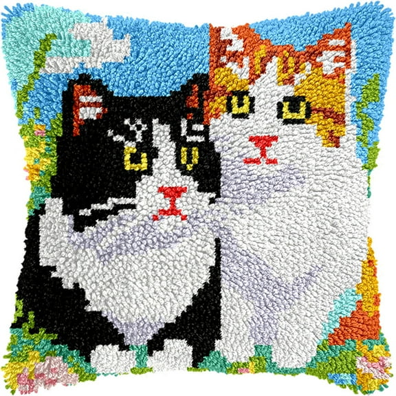 Latch Hook Kits For Adults Beginners, Two Cute Cats 17X17 In Pre-Printed Latch Hook Pillow Kit, Craft Rug Making Kits, Diy Embroidery Cushion For Home Sofa Decor & Gift Idea