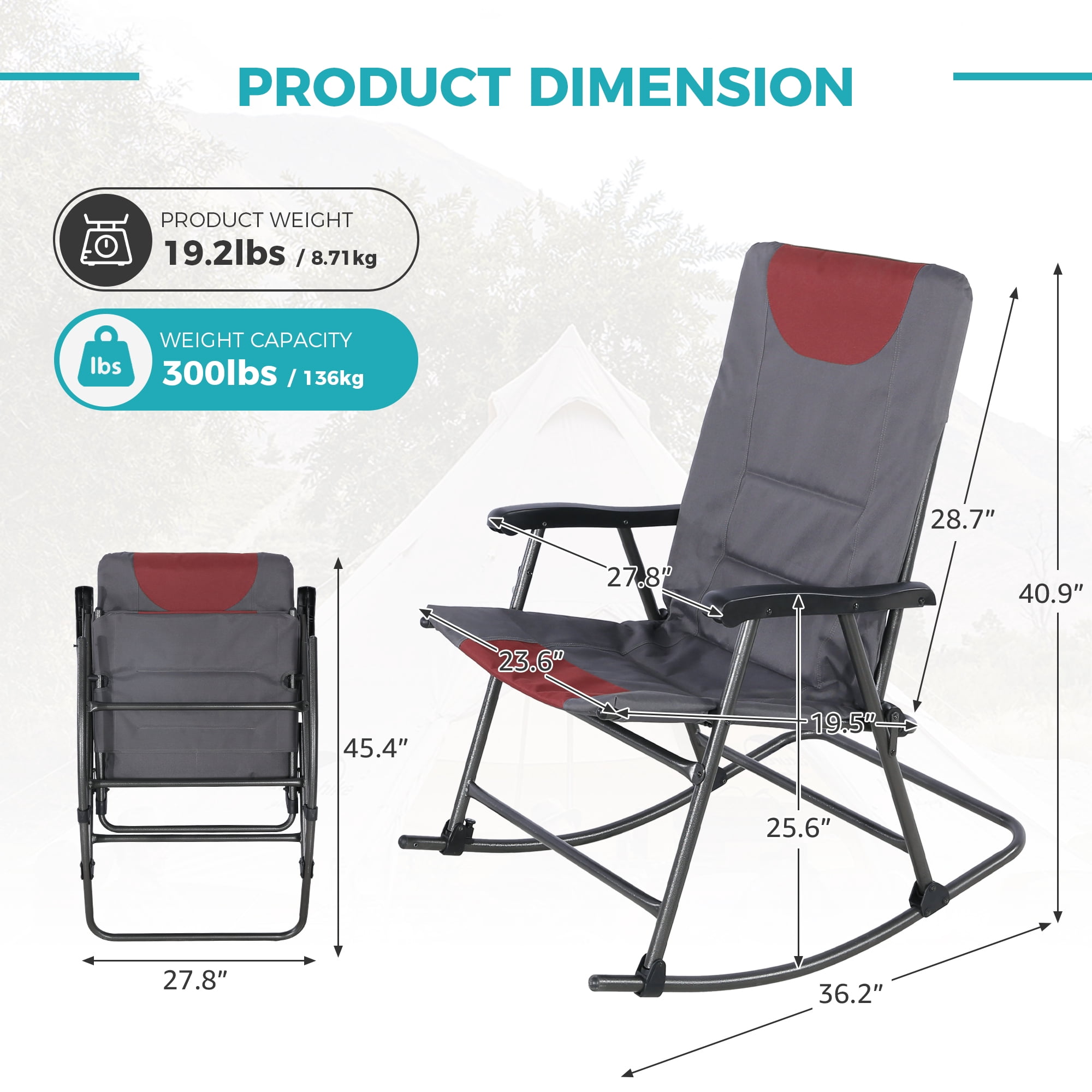 Oversized Folding Rocking Camping Chair, High Back Airmesh Rocker with Hard Armrests, Storage Pockets & Carry Bag for Camping Patio Lawn Outdoor Use