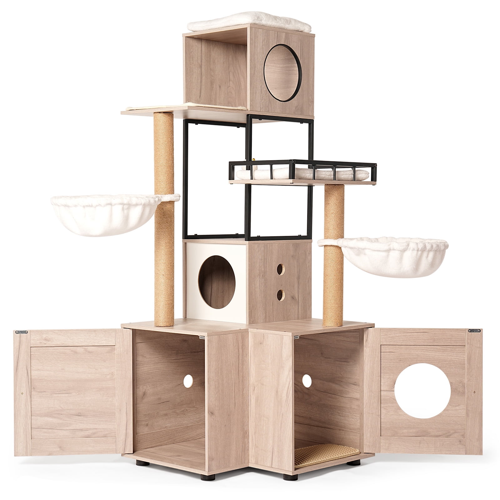 63-Inch Multi-Functional Cat Tree with Litter Box Enclosure, Extra Tall Cat Tower Condo with Dual Condos, Scratching Posts and Removable Cushion, Large Cat Furniture, Rustic Gray