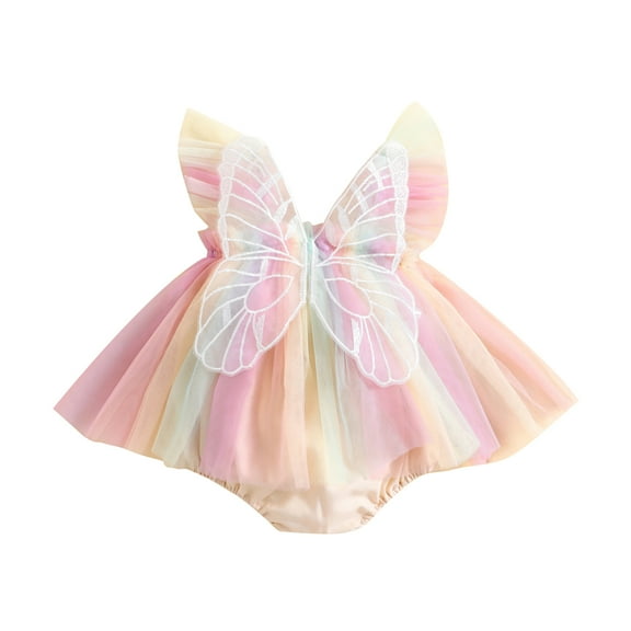 Elippeo Infant Girl Rompers Dress 3 6 12 18 24 Months Embroidery Butterfly Wing Fly Sleeve Rainbow Color Tulle Skirt Hem Jumpsuits Clothes Baby Bodysuits