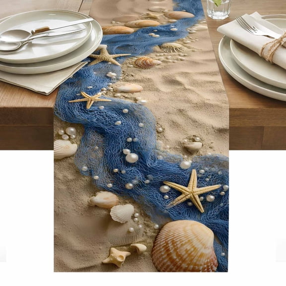 Coastal Beach Table Runner Summer Nautical Blue Fishing Net Conch Tablerunners 13 x 70 Inch, Table Decorations Tabletop Scarf for Summer Gathering Holiday Farmhouse Kitchen Dining Decor