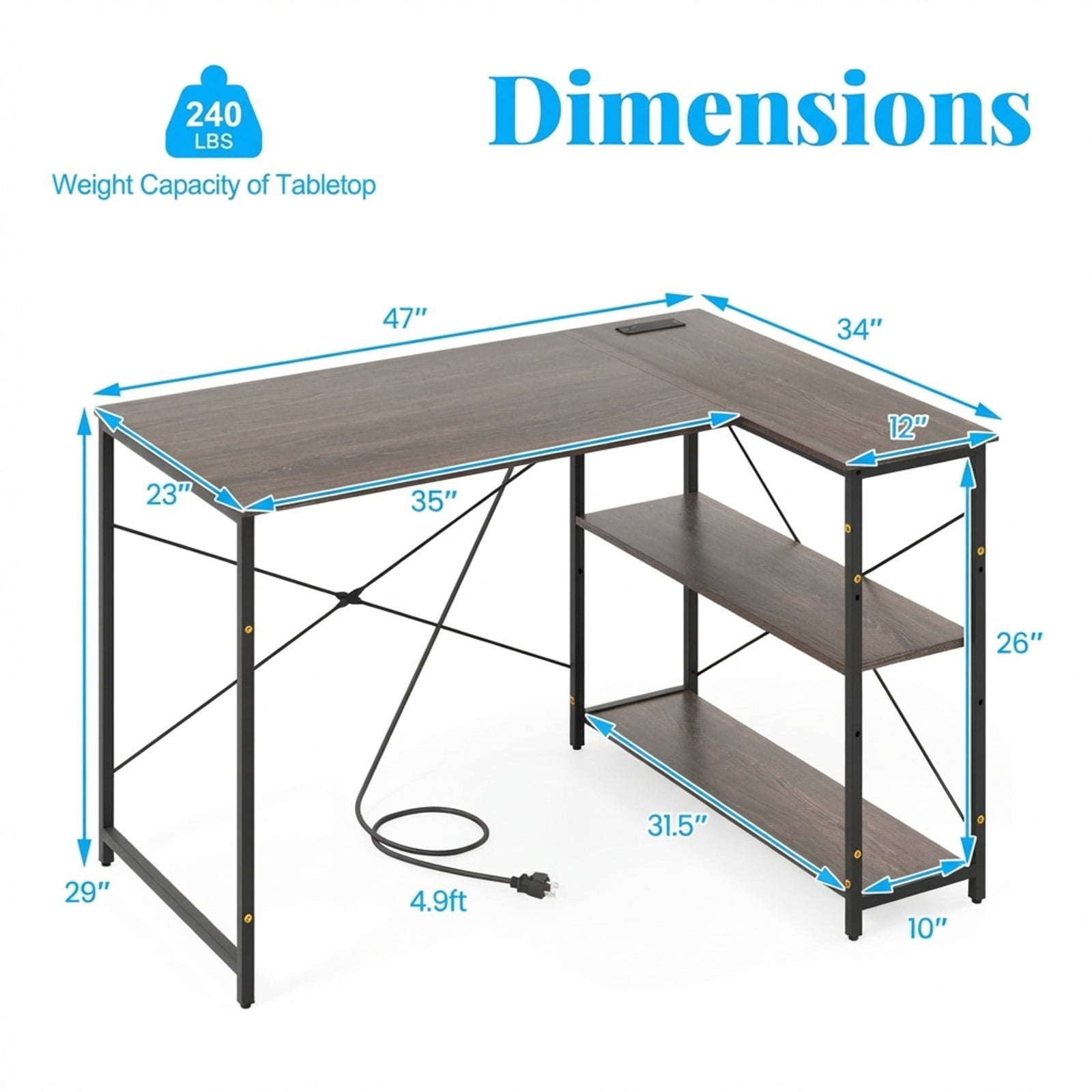 Furnibear 48 Inch Reversible L Shaped Computer Desk with Adjustable Middle Shelf 2 Tier Storage Steel Frame Engineered Wood Gray