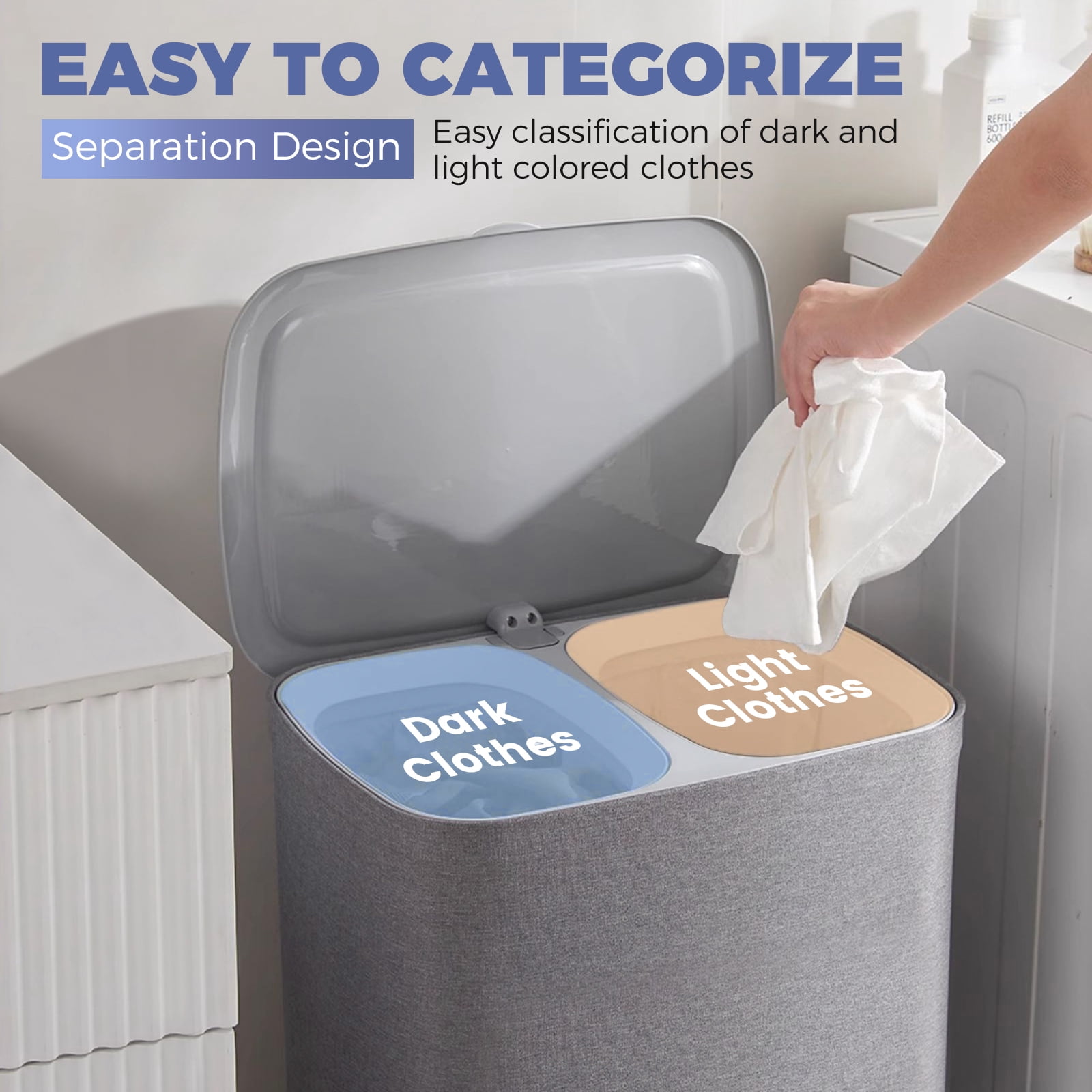 2-Section Laundry Hamper with Lid & Removable Bags, Foldable Clothes Sorter Organizer for Bedroom/Bathroom, 600D Oxford Fabric Storage Bin Portable Clothes Organizer for Home, Dorm, Apartment
