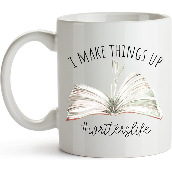 YouNique Designs I Make Things Up Writer Coffee Mug, 11 Ounces, Storyteller Mug, Author Gifts for Women (White)